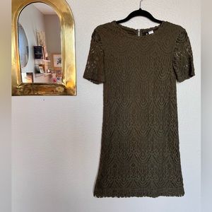 Olive Green Lace Short Dress with Short Sleeves